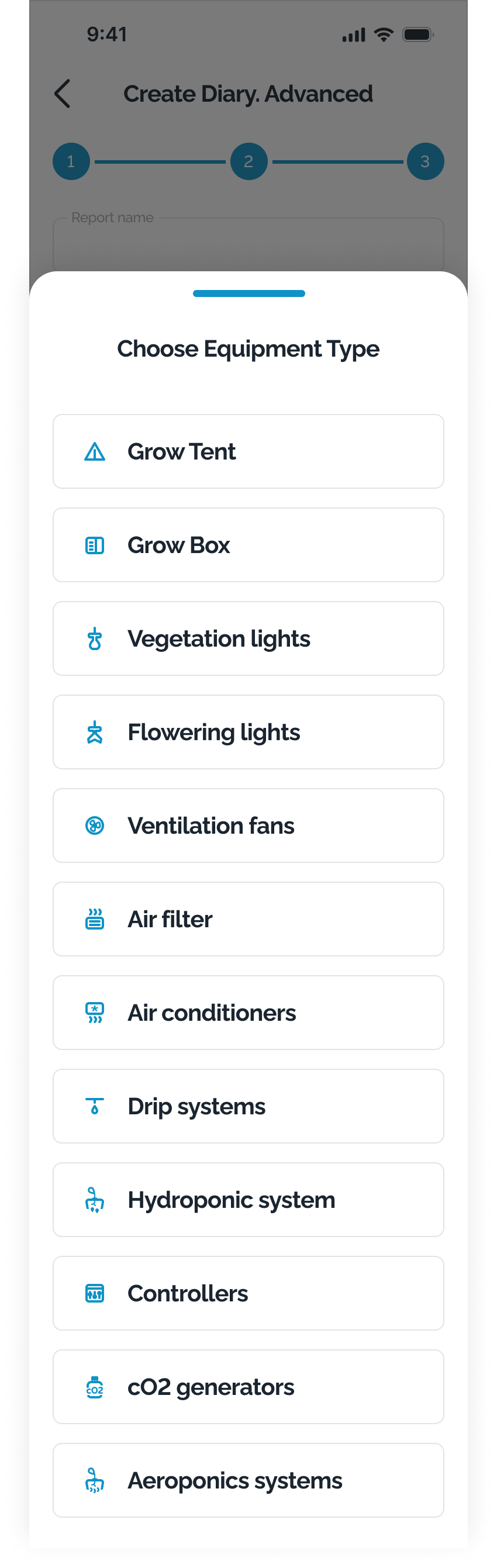 HarvestED app — choose equipment type